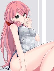 Rule 34 | 1girl, akashi (kancolle), alternate costume, baozi, bare shoulders, breasts, china dress, chinese clothes, commentary, dress, eating, food, green eyes, groin, ica, kantai collection, long hair, looking at viewer, medium breasts, no panties, pink hair, sitting, solo