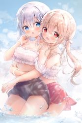 Rule 34 | 2girls, :d, amedamacon, bare shoulders, black shorts, blue eyes, blue sky, blush, braid, brown hair, chestnut mouth, cloud, commentary request, day, grey hair, hair between eyes, highres, hug, hug from behind, long hair, low twintails, multiple girls, open mouth, original, outdoors, red eyes, red skirt, short shorts, shorts, skirt, sky, smile, twintails, very long hair, water