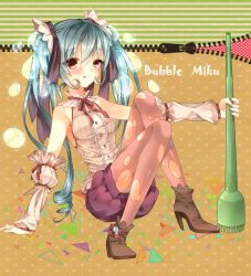 Rule 34 | 1girl, :q, aqua hair, arm support, bad id, bad pixiv id, bow, bowtie, bubble, character name, detached sleeves, hair ribbon, hatsune miku, high heels, pantyhose under shorts, long hair, pantyhose, ribbon, sanako (35621), shoes, shorts, sitting, solo, tongue, tongue out, torn clothes, torn pantyhose, twintails, very long hair, vocaloid