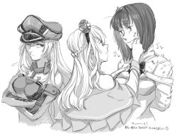 Rule 34 | 3girls, puff of air, ark royal (kancolle), arms behind back, bismarck (kancolle), bob cut, braid, breasts, closed mouth, corset, cropped torso, crossed arms, crown, detached sleeves, dirty, dirty face, dress, french braid, greyscale, hat, kantai collection, long hair, military, military uniform, mini crown, monochrome, multiple girls, peaked cap, short hair, signature, simple background, tiara, translation request, uniform, upper body, warspite (kancolle), wiping face, yamada rei (rou)