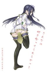 Rule 34 | 1girl, angry, bad id, bad pixiv id, black hair, black thighhighs, boots, breasts, eyepatch, from behind, full body, green eyes, highres, large breasts, long hair, nagisa (psp2i), nakabayashi reimei, panties, panties around leg, phantasy star, phantasy star portable 2, phantasy star portable 2 infinity, solo, thigh boots, thighhighs, translation request, underwear, uniform, white background, white panties