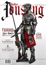 Rule 34 | 1girl, akira (manga), anti-materiel rifle, armor, black hair, breastplate, breasts, canon (company), chainmail, character name, commentary, concept art, cover, english commentary, english text, fantasy, faulds, full body, gauntlets, gun, helmet, highres, inline skates, johnson ting, jousting, knight, lips, lipstick, long skirt, magazine cover, makeup, medieval, mole, mole under eye, monster energy, motocross, nose, original, pauldrons, realistic, rifle, roller skates, shoulder armor, single pauldron, skates, skirt, sniper rifle, solo, sponsor, urban fantasy, weapon