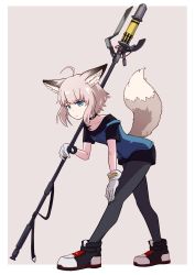 Rule 34 | 1girl, ahoge, animal ears, arknights, black footwear, black pantyhose, black shirt, black shorts, blue eyes, blue jacket, border, brown background, brown hair, choker, closed mouth, commentary request, expressionless, flat chest, fox ears, fox girl, fox tail, full body, gloves, highres, holding, jacket, leaning forward, looking at viewer, material growth, oripathy lesion (arknights), pantyhose, shirt, shoes, short hair, shorts, simple background, sneakers, solo, sussurro (arknights), tail, white border, yan pai