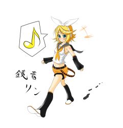 Rule 34 | 1girl, arm warmers, bad id, bad pixiv id, bare shoulders, blonde hair, blue eyes, character name, detached sleeves, footprints, hair ornament, hairclip, kagamine rin, lululu0709, midriff, musical note, quaver, ribbon, rururu, short hair, shorts, solo, speech bubble, spoken musical note, vocaloid