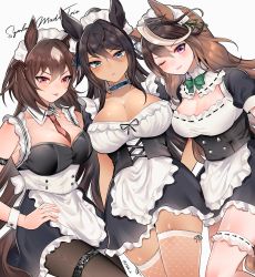Rule 34 | 3girls, :o, :p, ;d, alternate costume, apron, bare shoulders, black dress, black hair, black pantyhose, blue choker, blue eyes, blush, bow, bowtie, breasts, brown hair, choker, cleavage, dark-skinned female, dark skin, detached collar, dress, enmaided, green bow, green bowtie, hair between eyes, hand on own hip, highres, horse girl, horse tail, large breasts, long sleeves, looking at viewer, maid, maid headdress, multicolored hair, multiple girls, name connection, narusawa (njzc2582), necktie, one eye closed, open mouth, pantyhose, parted lips, purple eyes, red eyes, red necktie, red ribbon, ribbon, short sleeves, signature, simple background, sirius symboli (umamusume), sleeveless, sleeveless dress, smile, symboli kris s (umamusume), symboli rudolf (umamusume), tail, thigh strap, thighhighs, tongue, tongue out, umamusume, v-shaped eyebrows, waist apron, white apron, white background, white hair, white thighhighs, zettai ryouiki