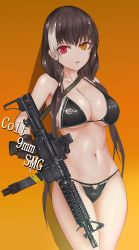 Rule 34 | 1girl, absurdres, bikini, black bikini, black hair, blush, breasts, cleavage, collarbone, colt 9mm smg, franz (217franz), girls&#039; frontline, gradient background, gun, heterochromia, highres, large breasts, looking at viewer, multicolored hair, orange background, orange eyes, parted lips, red eyes, ro635 (girls&#039; frontline), shadow, shiny clothes, solo, standing, strap, streaked hair, submachine gun, swimsuit, weapon