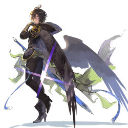 Rule 34 | 1boy, ahoge, arm up, belt, bishounen, blue belt, boots, brown hair, brown wings, cape, commentary, commentary request, expressionless, feathered wings, flashing, from side, full body, granblue fantasy, green cape, hair between eyes, high heel boots, high heels, highres, holding, holding sword, holding weapon, hood, hood down, light, light frown, looking at viewer, male focus, messy hair, osamu (jagabata), pants, red eyes, sandalphon (granblue fantasy), short hair, simple background, sketch, solo focus, sword, tight clothes, tight pants, weapon, white background, wings