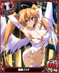 Rule 34 | 1girl, ahoge, angel, angel wings, armpits, arms behind head, breasts, card (medium), chess piece, cleavage, elbow gloves, female focus, garter straps, gloves, high school dxd, large breasts, long hair, looking at viewer, orange hair, panties, purple eyes, revealing clothes, rook (chess), shidou irina, smile, solo, twintails, underwear, white panties, white wings, wings