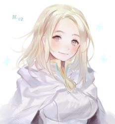 Rule 34 | 1girl, aubz, blonde hair, cleric, dress, gloves, jewelry, long hair, looking at viewer, necklace, octopath traveler, octopath traveler i, open mouth, ophilia (octopath traveler), priestess, short hair, simple background, smile, solo, white background, yellow eyes