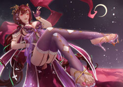 Rule 34 | 1girl, absurdres, alternate costume, ass, branch, breasts, brown hair, dress, fate (series), feet, fingerless gloves, flower ornament, garter belt, garter straps, gloves, gold, hair ornament, heels, highres, jewelry, large breasts, looking down, megatron (pixiv16907671), moon, nail polish, nails, night, night sky, panties, pink nails, purple thighhighs, red eyes, scathach (fate), sky, thighhighs, toe ring, toeless legwear, toenail polish, toenails, underwear