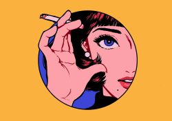 Rule 34 | 1girl, black hair, blue background, blue eyes, border, cigarette, circle, earrings, hand up, highres, holding, holding cigarette, jewelry, looking at viewer, minillustration, mole, mole under mouth, original, parted lips, short hair, solo, yellow border