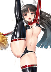 Rule 34 | 1girl, bikini, black bikini, black hair, black panties, black thighhighs, blunt bangs, blush, bouncing breasts, breasts, cameltoe, cleavage, commentary request, hair ribbon, hime cut, hiyou (kancolle), kantai collection, large breasts, latex, latex bra, latex legwear, latex panties, latex top, leg lift, leg up, long hair, long sleeves, looking at viewer, micro bikini, midriff, minase (takaoka nanase), open mouth, panties, partially visible vulva, pom pom (cheerleading), ribbon, shiny clothes, simple background, solo, split, standing, standing on one leg, standing split, sweat, swimsuit, thighhighs, underwear, white background, white ribbon
