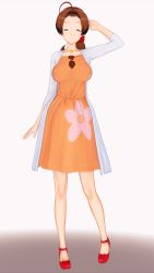 Rule 34 | 1girl, 3d, artist request, breasts, brown eyes, brown hair, creatures (company), delia ketchum, dress, full body, game freak, highres, long hair, low tied hair, nintendo, pokemon, pokemon (anime), pokemon sm (anime), ponytail, shiny skin, simple background, smile, solo