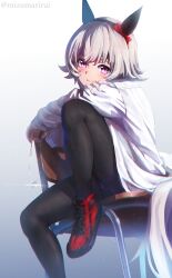 Rule 34 | 1girl, absurdres, animal ears, black hairband, black pantyhose, bow, chair, commentary, curren chan (umamusume), ear bow, ear covers, grey hair, hairband, highres, horse ears, horse girl, horse tail, long sleeves, looking at viewer, pantyhose, purple eyes, red bow, red footwear, short hair, shuijulei, sitting, smile, solo, sweater, tail, twitter username, umamusume, white sweater
