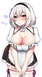 Rule 34 | 1girl, apron, azur lane, bent over, blush, breasts, brown eyes, cleavage, closed mouth, collar, collarbone, cowboy shot, crossed bangs, detached collar, dress, frilled collar, frills, hair between eyes, hairband, highres, kakino nashiko, lace-trimmed hairband, lace trim, large breasts, lips, looking up, maid, puffy short sleeves, puffy sleeves, ribbon-trimmed legwear, ribbon trim, short dress, short hair, short sleeves, silver hair, simple background, sirius (azur lane), solo, thighhighs, thighs, waist apron, white background, white thighhighs, zettai ryouiki
