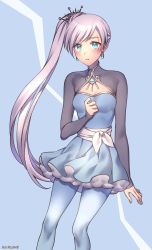 Rule 34 | 1girl, artist name, blue background, blue dress, blue eyes, blue pantyhose, breasts, cleavage, cleavage cutout, clothing cutout, dress, earrings, floating hair, hair ornament, highres, jewelry, kio rojine, long hair, pantyhose, rwby, scar, scar across eye, scar on face, short dress, side ponytail, silver hair, small breasts, solo, standing, swept bangs, very long hair, weiss schnee
