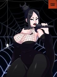 Rule 34 | 1girl, arachne (soul eater), ass, bare shoulders, black dress, black hair, breasts, choker, cleavage cutout, clothing cutout, curvy, dress, fan, female focus, highres, huge ass, large breasts, lipstick, looking at viewer, makeup, mature female, multicolored eyes, pale skin, solo, soul eater, teasing