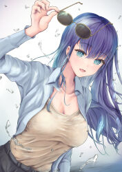 Rule 34 | 1girl, absurdres, alternate hair length, alternate hairstyle, blue eyes, blue hair, breasts, collarbone, commentary request, dutch angle, unworn eyewear, gradient hair, highres, holding, holding removed eyewear, jacket, kurokawa akane, large breasts, long hair, looking at viewer, multicolored hair, open mouth, oshi no ko, partial commentary, shirt, sidelocks, solo, sudachineko, sunglasses, upper body, white jacket, yellow shirt