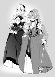 Rule 34 | 2girls, breasts, cape, commentary request, corrin (female) (fire emblem), corrin (fire emblem), dress, earrings, eirika (fire emblem), fire emblem, fire emblem: the sacred stones, fire emblem fates, fire emblem heroes, gloves, greyscale, jewelry, long hair, monochrome, multiple girls, negiwo, nintendo, pointy ears, smile