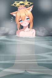 Rule 34 | absurdres, alternate hairstyle, animal ears, blonde hair, blue archive, blue eyes, blush, breasts, cat ears, collarbone, commentary request, dark background, halo, highres, kabocya na, looking at viewer, mari (blue archive), nude, onsen, open mouth, rock, simple background, sitting, small breasts, steam, steaming body, sweat, water