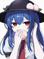 Rule 34 | 1girl, black headwear, blue hair, center frills, commentary, food, frills, highres, hinanawi tenshi, holding, holding food, long hair, looking at viewer, necktie, peach hat ornament, red eyes, red necktie, short sleeves, sidelocks, solo, touhou, upper body, yonoisan