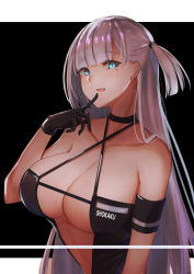 Rule 34 | 1girl, :d, absurdres, armband, azur lane, bare shoulders, black background, black gloves, blue eyes, breasts, center opening, character name, choker, cleavage, collarbone, commentary request, criss-cross halter, finger to mouth, gloves, halterneck, hand up, highres, large breasts, long hair, looking at viewer, mole, mole under eye, one side up, open mouth, pnatsu, race queen, revealing clothes, shoukaku (azur lane), shoukaku (sororal wings) (azur lane), silver hair, sleeveless, slit pupils, smile, solo, upper body, very long hair
