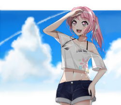Rule 34 | 1girl, :d, alternate hairstyle, bang dream!, bare shoulders, bikini, bikini top only, black bikini, blue sky, blush, braid, cloud, collarbone, commentary request, cowboy shot, day, denim, denim shorts, floral print, french braid, groin, hair between eyes, hair ribbon, hand on own hip, hand over face, long hair, looking up, maruyama aya, md5 mismatch, midriff, navel, off-shoulder shirt, off shoulder, open mouth, pink eyes, pink hair, ponytail, resolution mismatch, ribbon, see-through, shadow, shirt, short shorts, short sleeves, shorts, sidelocks, sky, smile, solo, source larger, standing, sweat, swimsuit, teeth, upper teeth only, wet, wet clothes, wet shirt, white ribbon, white shirt, yeongming