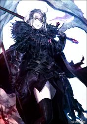 Rule 34 | 1girl, ahoge, armor, black border, black thighhighs, border, breastplate, cape, chain, commentary request, cowboy shot, fate/grand order, fate (series), fur trim, gauntlets, gorget, grin, holding, holding sword, holding weapon, jeanne d&#039;arc (fate), jeanne d&#039;arc alter (avenger) (fate), jeanne d&#039;arc alter (avenger) (first ascension) (fate), jeanne d&#039;arc alter (fate), k-suwabe, limited palette, looking at viewer, over shoulder, pale skin, parted lips, short hair, silver hair, simple background, smile, solo, standing, sword, thighhighs, twitter username, weapon, weapon over shoulder, white background, yellow eyes