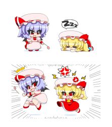 Rule 34 | &gt;:3, &gt;:d, &gt;:o, ^^^, 2girls, :3, :d, :o, = =, anger vein, bat wings, blonde hair, blue hair, cat teaser, dress, fang, flandre scarlet, hat, hat ribbon, mob cap, multiple girls, open mouth, pink dress, red dress, red eyes, remilia scarlet, ribbon, siblings, side ponytail, silver hair, sisters, sleeping, smile, surprised, touhou, v-shaped eyebrows, wings, yamato damashi, zzz