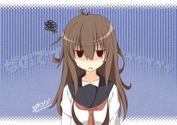 Rule 34 | 1girl, alternate hairstyle, black sailor collar, brown hair, commentary request, drooling, hair down, inazuma (kancolle), kantai collection, kisaragi yuu (re:lucks), long hair, looking at viewer, nanodesu (phrase), neckerchief, red neckerchief, sailor collar, saliva, signature, solid eyes, solo, squiggle, twitter username, upper body