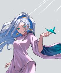 Rule 34 | 1girl, akitaka (s asai), bird, blue eyes, blue hair, breasts, chrono trigger, closed mouth, commentary, dress, earrings, high ponytail, highres, jewelry, long hair, long sleeves, medium breasts, ponytail, robe, schala zeal, solo, wide sleeves