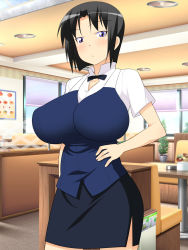 Rule 34 | 1girl, black bow, black hair, blush, bow, bowtie, breasts, chair, closed mouth, cowboy shot, female focus, groin, hand on own hip, highres, hip focus, huge breasts, indoors, legs, looking at viewer, makarou, nose blush, pencil skirt, plant, purple eyes, restaurant, shirafuji kyouko, short hair, skirt, solo, standing, table, thighs, uniform, waitress, working!!