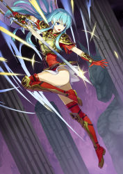 Rule 34 | 1girl, absurdres, aqua hair, armor, ass, blue eyes, boots, breastplate, cape, clothes lift, column, commission, eirika (fire emblem), fighting stance, fire emblem, fire emblem: the sacred stones, full body, gloves, highres, holding, holding sword, holding weapon, leg up, long hair, looking at viewer, looking down, miniskirt, mytea (soso), nintendo, open mouth, panties, pantyshot, pillar, red footwear, red gloves, red thighhighs, ruins, short sleeves, skeb commission, skirt, skirt lift, statue, sword, thigh boots, thighhighs, underwear, upskirt, v-shaped eyebrows, weapon, white panties, wind, wind lift