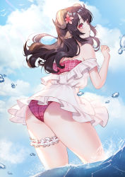 Rule 34 | 1girl, absurdres, animal ears, arknights, bare shoulders, bikini, bikini under clothes, black hair, blue sky, bow, bridal garter, brown hair, cloud, cowboy shot, day, dress, eyjafjalla (arknights), floating hair, flower, frilled dress, frills, from behind, hair flower, hair ornament, highres, horns, leaning forward, long hair, looking away, looking to the side, ocean, off shoulder, plaid, plaid bow, qingtiana, red eyes, red flower, sheep ears, sheep horns, short dress, sky, solo, standing, swimsuit, thigh strap, wading, water drop, white dress