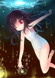 Rule 34 | 1girl, air bubble, black hair, breath, bubble, child, dexp, diving, freediving, glowing, highres, holding breath, long hair, one-piece swimsuit, original, red eyes, school swimsuit, solo, star (symbol), swimming, swimsuit, underwater, white school swimsuit, white one-piece swimsuit