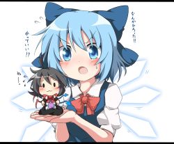 Rule 34 | 2girls, :3, asymmetrical wings, black dress, black hair, blue dress, blue eyes, blue hair, bow, cirno, do (4-rt), dress, flying sweatdrops, hair bow, highres, houjuu nue, ice, ice wings, in palm, letterboxed, looking at viewer, mini person, minigirl, multiple girls, open mouth, puffy sleeves, shirt, short sleeves, sitting, sweatdrop, touhou, translated, wings