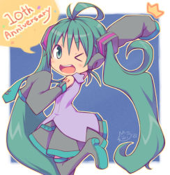 Rule 34 | &gt; o, 1girl, ;d, ^^^, anniversary, antenna hair, aqua eyes, aqua hair, aqua necktie, arm up, black footwear, blue background, boots, commentary request, detached sleeves, hair ornament, hatsune miku, headphones, kuro (kuroneko no kanzume), leg lift, long hair, looking at viewer, looking back, miniskirt, necktie, number tattoo, one eye closed, open mouth, outline, round teeth, shirt, shoulder tattoo, signature, skirt, sleeves past fingers, sleeves past wrists, smile, solo, strap, tattoo, teeth, thigh boots, thighhighs, tie clip, twintails, upper teeth only, very long hair, vocaloid, yellow outline