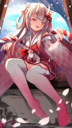 Rule 34 | 1girl, cherry blossoms, feet, flower, gradient hair, gradient legwear, hair between eyes, hair flower, hair ornament, highres, hololive, horns, hoshino aoi (la huynh hai than), japanese clothes, kimono, legs, long hair, looking at viewer, multicolored hair, nakiri ayame, nakiri ayame (shrine maiden), no shoes, nontraditional miko, open mouth, petals, red hair, red kimono, sidelocks, sitting, skin-covered horns, solo, streaked hair, thighhighs, toes, virtual youtuber, white hair, white kimono, white thighhighs, zettai ryouiki