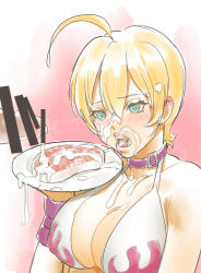Rule 34 | 10s, 1girl, artist request, blonde hair, breasts, caracol, censored, cleavage, collar, cum, cum on food, cumdrip, facial, food, gokkun, head out of frame, highres, large breasts, md5 mismatch, meat, mito ikumi, open mouth, penis, shokugeki no souma, tongue