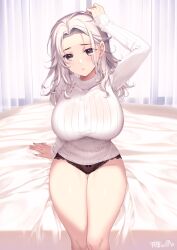 Rule 34 | 1girl, alpha (yukai na nakamatachi), bedside, black panties, bow, bow panties, breasts, brown eyes, curvy, feet out of frame, forehead, hand on own head, highres, indoors, knees, lace, lace-trimmed panties, lace trim, large breasts, long hair, long sleeves, looking at viewer, original, panties, parted lips, ribbed sweater, see-through, signature, sitting, sleeves past wrists, solo, sweater, taut sweater, thigh gap, turtleneck, turtleneck sweater, underwear, white hair, white sweater