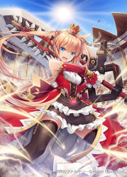 Rule 34 | 1girl, akkijin, arena, bare shoulders, blonde hair, blue eyes, breasts, brown skirt, brown thighhighs, crown, dress, holding, holding sword, holding weapon, huge weapon, lightning, long hair, medium breasts, official art, red dress, red ribbon, ribbed dress, ribbon, serious, shinkai no valkyrie, skirt, spread legs, sun, sword, thighhighs, twintails, weapon