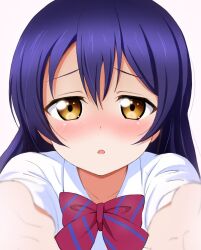 Rule 34 | 1girl, arakawa emiring, bad id, bad pixiv id, blue hair, blush, bow, brown eyes, female focus, highres, incoming kiss, long hair, looking at viewer, love live!, outstretched arms, pov, shirt, simple background, solo, sonoda umi, white background, white shirt