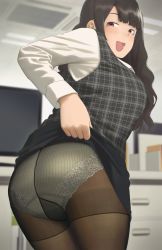 Rule 34 | 1girl, ass, black hair, breasts, clothes lift, curvy, desk, highres, indoors, large breasts, lifted by self, long hair, long sleeves, mole, mole under eye, naughty face, office, office lady, open mouth, original, panties, panties under pantyhose, pantyhose, pencil skirt, ryokucha michi, shirt, skirt, skirt lift, television, underwear, wavy hair, white shirt