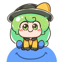 Rule 34 | 1girl, arms between legs, blouse, blue footwear, blush, bow, brown skirt, buttons, chibi, eyeball, frilled shirt collar, frilled sleeves, frills, green eyes, green hair, hat, hat bow, komeiji koishi, light green hair, long hair, long sleeves, looking at viewer, numenoko, shirt, simple background, sitting, sitting on object, skirt, smile, solo, spread legs, third eye, touhou, white background, yellow bow, yellow shirt
