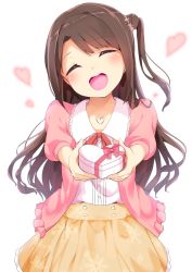 Rule 34 | 10s, 1girl, :d, ^ ^, blouse, blush, box, brown hair, cardigan, chikuwa., closed eyes, gift, heart, heart-shaped box, heart necklace, holding, holding gift, idolmaster, idolmaster cinderella girls, incoming gift, jewelry, long hair, looking at viewer, necklace, one side up, open mouth, shimamura uzuki, shirt, sidelocks, simple background, skirt, sleeves past elbows, smile, solo, swept bangs, teeth, upper body, valentine, wavy hair, white background, white shirt, yellow skirt