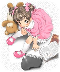 Rule 34 | blush, bow, brown eyes, brown hair, dress, hair bow, instrument, kikurage (crayon arts), open mouth, piano, short twintails, stuffed animal, stuffed toy, twintails