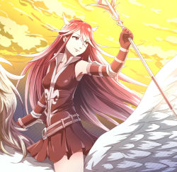 Rule 34 | 1girl, breasts, cordelia (fire emblem), fire emblem, fire emblem awakening, gloves, hair ornament, highres, long hair, looking at viewer, nintendo, pegasus knight uniform (fire emblem), polearm, red eyes, red hair, small breasts, smile, solo, very long hair, weapon