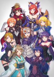 Rule 34 | 10s, 6+girls, :d, alternate costume, animal ears, armor, armored dress, artoria pendragon (all), artoria pendragon (fate), ayase eli, bandaged arm, bandaged hand, bandages, bare shoulders, black dress, black hair, black legwear, black panties, blonde hair, blue eyes, blue hair, blue legwear, blue ribbon, bodysuit, breasts, brown hair, cape, chain, choker, claw pose, cleavage, cosplay, covered navel, crest, detached sleeves, dress, elbow gloves, everyone, family crest, fate/apocrypha, fate/extra, fate/grand order, fate/stay night, fate (series), faulds, fingerless gloves, fox ears, fox shadow puppet, fox tail, gauntlets, gloves, green eyes, group picture, hair ornament, hair ribbon, hand on own hip, hat, headpiece, highres, hoshizora rin, jack the ripper (fate/apocrypha), jack the ripper (fate/apocrypha) (cosplay), jeanne d&#039;arc (fate), jeanne d&#039;arc (ruler) (fate), kelinch1, kiyohime (fate), kiyohime (fate) (cosplay), koha-ace, koizumi hanayo, kosaka honoka, long hair, looking at viewer, love live!, love live! school idol project, m/, mash kyrielight, medusa (fate), medusa (rider) (fate), medusa (rider) (fate) (cosplay), minami kotori, multiple girls, navel, nishikino maki, oda nobunaga (fate), oda nobunaga (fate) (cosplay), oda nobunaga (koha-ace), open mouth, orange eyes, orange hair, panties, pauldrons, paw pose, pelvic curtain, pointing, pointing up, ponytail, purple bodysuit, purple eyes, red cape, red eyes, red hair, ribbon, ruler (fate/apocrypha) (cosplay), saber (fate), saber (fate) (cosplay), sash, scathach (fate), scathach (fate) (cosplay), shielder (fate/grand order) (cosplay), short dress, short hair, short twintails, shoulder armor, side ponytail, smile, sonoda umi, tail, tamamo (fate), tamamo cat (fate), tamamo no mae (fate/extra), tamamo no mae (fate/extra) (cosplay), thigh strap, thighhighs, tojo nozomi, twintails, underwear, white background, white legwear, yazawa nico, yellow eyes