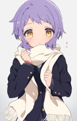 Rule 34 | 1girl, black jacket, blush, buttons, clenched hands, commentary request, dot nose, grey background, hands up, highres, idolmaster, idolmaster million live!, jacket, long sleeves, looking at viewer, makabe mizuki, mochigome (ununquadium), parted lips, purple hair, scarf, short hair, sidelocks, solo, upper body, wavy hair, white scarf, yellow eyes
