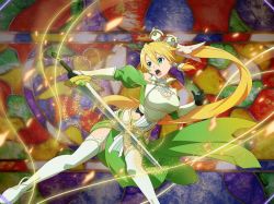 Rule 34 | 1girl, armor, bare shoulders, blonde hair, breastplate, breasts, cleavage, floating hair, game cg, garter straps, gloves, green gloves, green skirt, grey eyes, hair between eyes, hair tubes, holding, holding sword, holding weapon, large breasts, leafa (terraria), long hair, open mouth, ponytail, shrug (clothing), side slit, skirt, solo, sword, sword art online, sword art online: alicization, sword art online: alicization rising steel, sword art online: unleashed blading, thighhighs, thighs, very long hair, weapon, white thighhighs